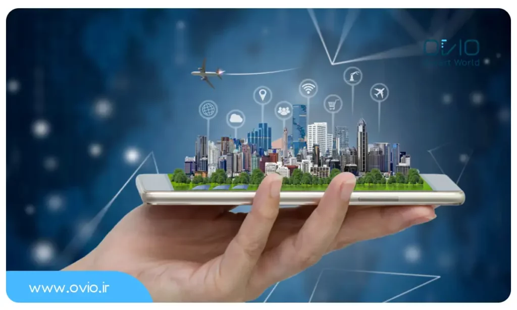 تصویر شماتیک شهر هوشمند که نشان می دهد با موبایل ها و سایر پلتفرم های دیگر می توان کنترل خوبی روی این شهرها داشت